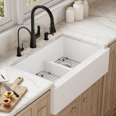Farmhouse Kitchen Sink Kit, Double Bowl 60/40, Quartz, 34 Inch, White