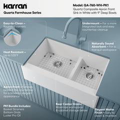 Farmhouse Kitchen Sink Kit, Double Bowl 60/40, Quartz, 34 Inch, White