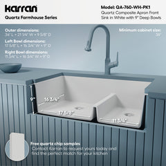 Farmhouse Kitchen Sink Kit, Double Bowl 60/40, Quartz, 34 Inch, White
