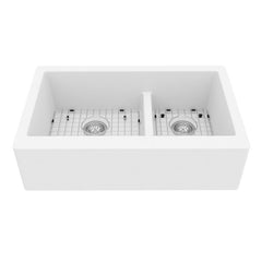Farmhouse Kitchen Sink Kit, Double Bowl 60/40, Quartz, 34 Inch, White