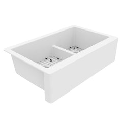 Farmhouse Kitchen Sink Kit, Double Bowl 60/40, Quartz, 34 Inch, White