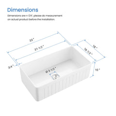 Farmhouse Kitchen Sink, Pillar, Single Bowl, Fireclay, 33 Inch