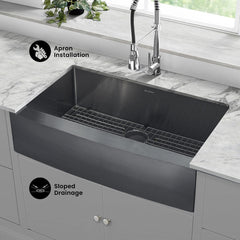 Farmhouse Kitchen Sink, Rivage, Single Basin in Black Stainless Steel