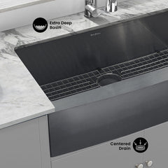Farmhouse Kitchen Sink, Rivage, Single Basin in Black Stainless Steel