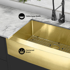Farmhouse Kitchen Sink, Rivage, Single Basin in Gold Stainless Steel