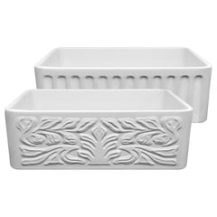 Farmhouse Kitchen Sink, Roman Floral, Single Bowl, Fireclay, 30 In, White