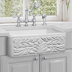 Farmhouse Kitchen Sink, Roman Floral, Single Bowl, Fireclay, 30 In, White