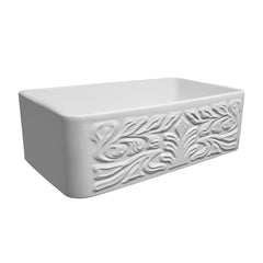 Farmhouse Kitchen Sink, Roman Floral, Single Bowl, Fireclay, 30 In, White