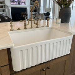 Farmhouse Kitchen Sink, Roman Floral, Single Bowl, Fireclay, 30 In, White