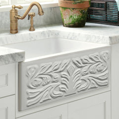 Farmhouse Kitchen Sink, Roman Floral, Single Bowl, Fireclay, 30 In, White