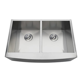 Farmhouse Kitchen Sink, Uptowne, Double Bowl in Brushed Stainless Steel