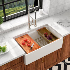 Farmhouse Kitchen Sink Workstation, Single Bowl, Apron Front, Ceramic, 30 Inch
