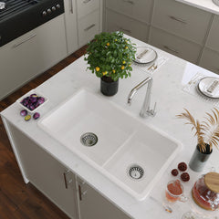 Farmhouse Sink, Wellfleet, 60/40 Double Bowl, Fireclay, White