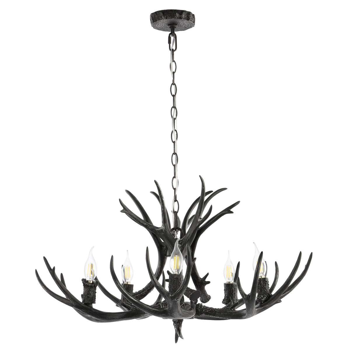Faux Antler Chandelier with 5 Lights in Black Resin and Iron