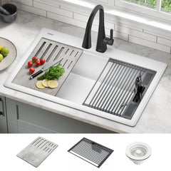Everest™ 33" L Granite Composite Workstation Kitchen Sink Drop-In Top Mount Single Bowl with WorkFlow™ Ledge in White | product photo