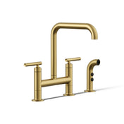 Purist Two Handle Deck-Mounted Bridge Kitchen Sink Faucet with Side Spray in Vibrant Brushed Moderne Brass