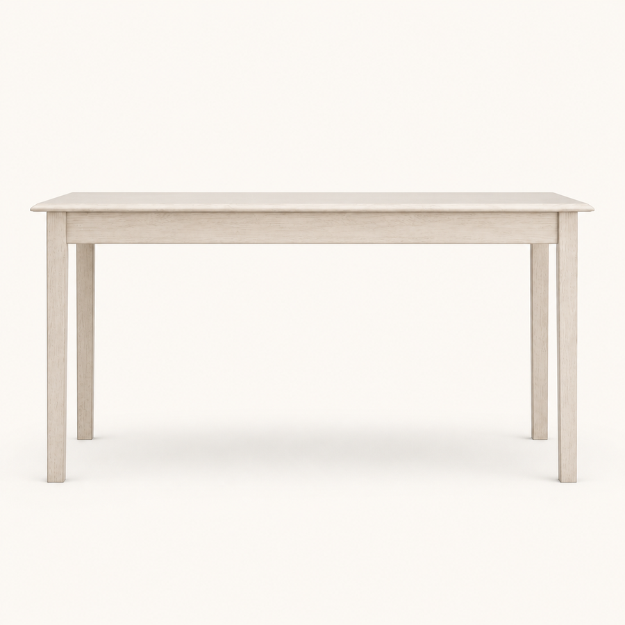 Front | antique-white rectangular table centered on paper, four square tapered legs and straight apron facing camera