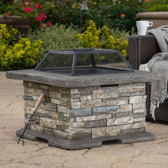 Fire Pit Table, 29 Inch Square Concrete, Gray and Natural
