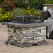 Fire Pit Table, 29 Inch Square Concrete, Gray and Natural