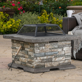 Fire Pit Table, 29 Inch Square Concrete, Gray and Natural