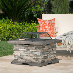 Fire Pit Table, 29 Inch Square Concrete, Gray and Natural