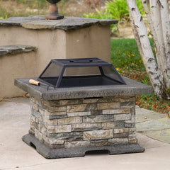 Fire Pit Table, 29 Inch Square Concrete, Gray and Natural