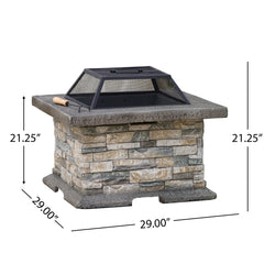 Fire Pit Table, 29 Inch Square Concrete, Gray and Natural