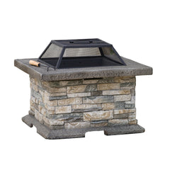 Fire Pit Table, 29 Inch Square Concrete, Gray and Natural
