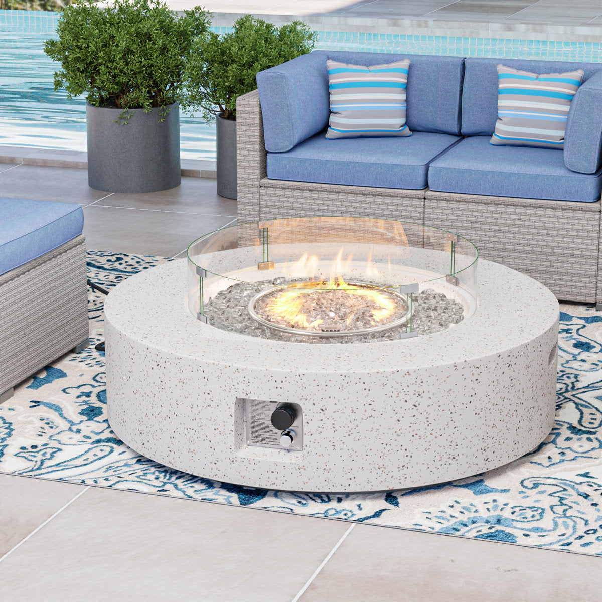 Fire Pit Table, 41 In Round, Concrete with Gray Fire Glass