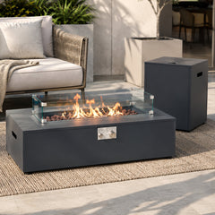Fire Pit Table, 42 Inch Rectangle in Gray with Glass Wind Guard
