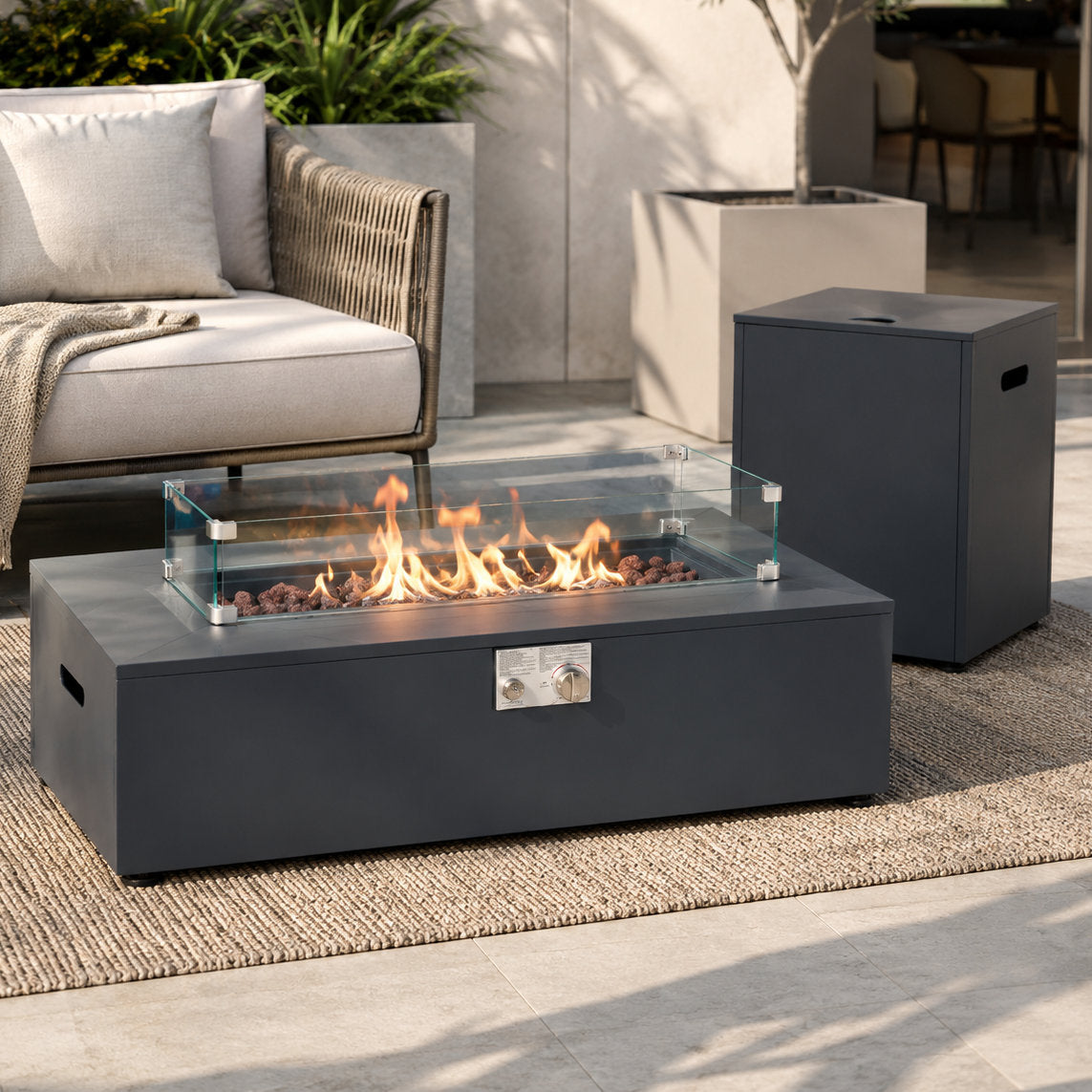 Fire Pit Table, 42 Inch Rectangle in Gray with Glass Wind Guard