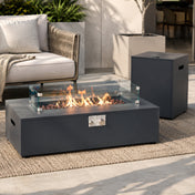 Fire Pit Table, 42 Inch Rectangle in Gray with Glass Wind Guard