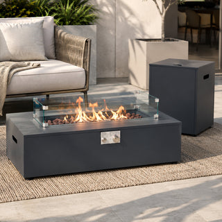 Fire Pit Table, 42 Inch Rectangle in Gray with Glass Wind Guard