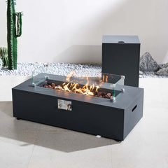 Fire Pit Table, 42 Inch Rectangle in Gray with Glass Wind Guard