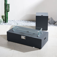 Fire Pit Table, 42 Inch Rectangle in Gray with Glass Wind Guard