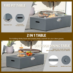 Fire Pit Table, 42 Inch Rectangle in Gray with Glass Wind Guard