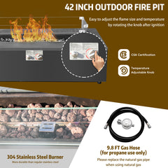 Fire Pit Table, 42 Inch Rectangle in Gray with Glass Wind Guard
