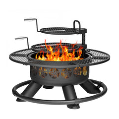 Fire Pit Table, 47 in Round, Black Iron with Lid and Fire Poker