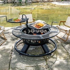 Fire Pit Table, 47 in Round, Black Iron with Lid and Fire Poker