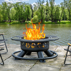 Fire Pit Table, 47 in Round, Black Iron with Lid and Fire Poker