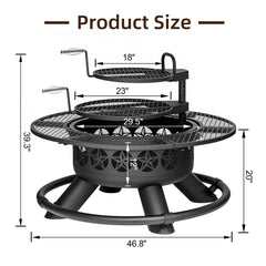 Fire Pit Table, 47 in Round, Black Iron with Lid and Fire Poker