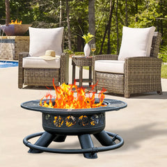 Fire Pit Table, 47 in Round, Black Iron with Lid and Fire Poker