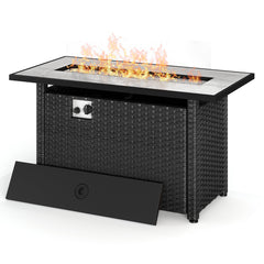 Fire Pit Table, 50,000 BTU in Black PE Rattan with Tempered Glass Top