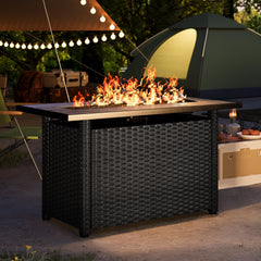 Fire Pit Table, 50,000 BTU in Black PE Rattan with Tempered Glass Top