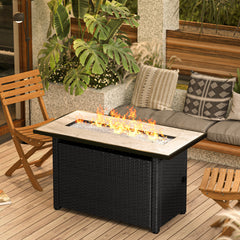 Fire Pit Table, 50,000 BTU in Black PE Rattan with Tempered Glass Top
