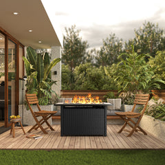Fire Pit Table, 50,000 BTU in Black PE Rattan with Tempered Glass Top