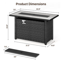 Fire Pit Table, 50,000 BTU in Black PE Rattan with Tempered Glass Top