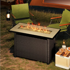 Fire Pit Table, 50,000 BTU in Black PE Rattan with Tempered Glass Top