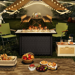 Fire Pit Table, 50,000 BTU in Black PE Rattan with Tempered Glass Top