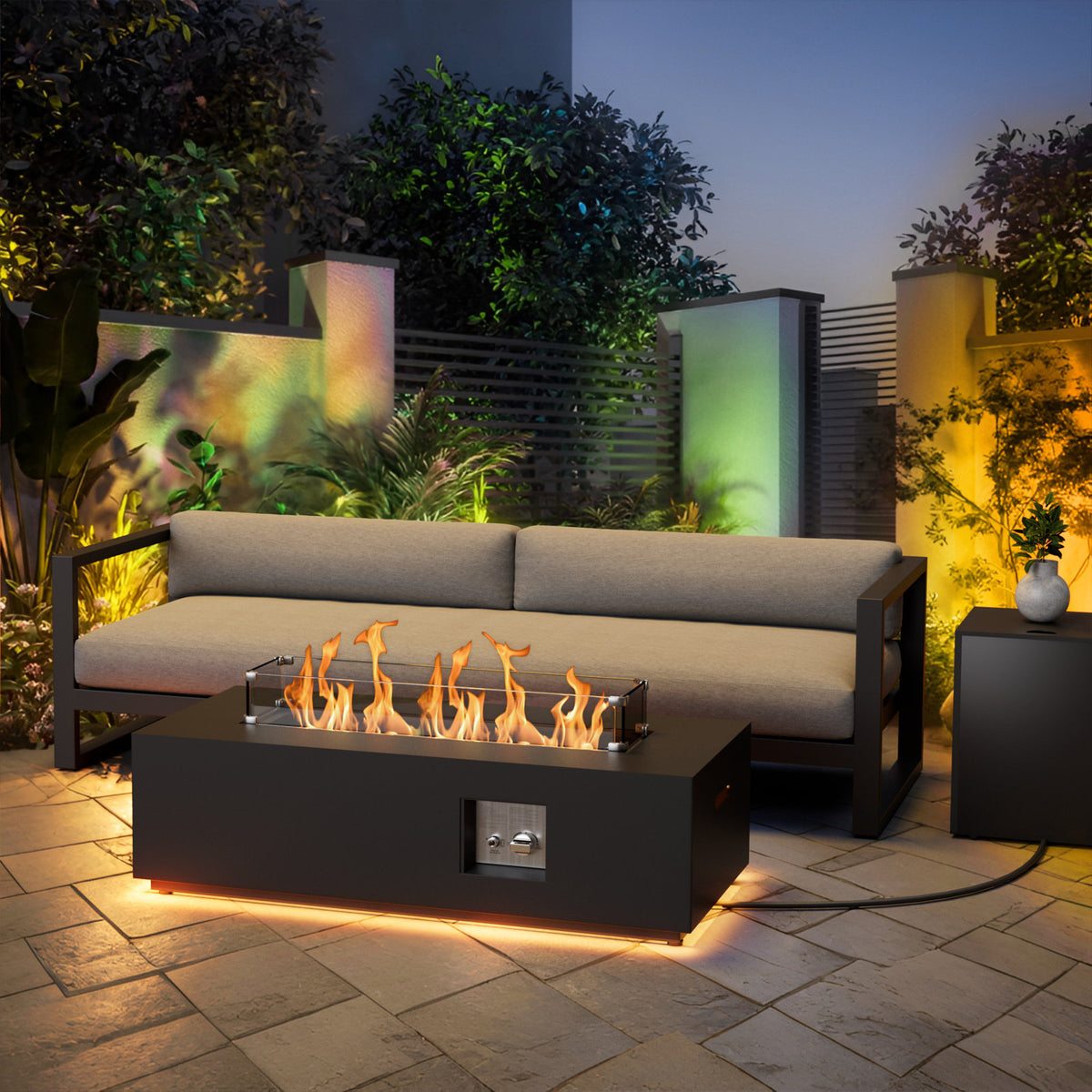 Fire Pit Table, 50,000 BTU Rectangle, Black Steel with Lava Rocks